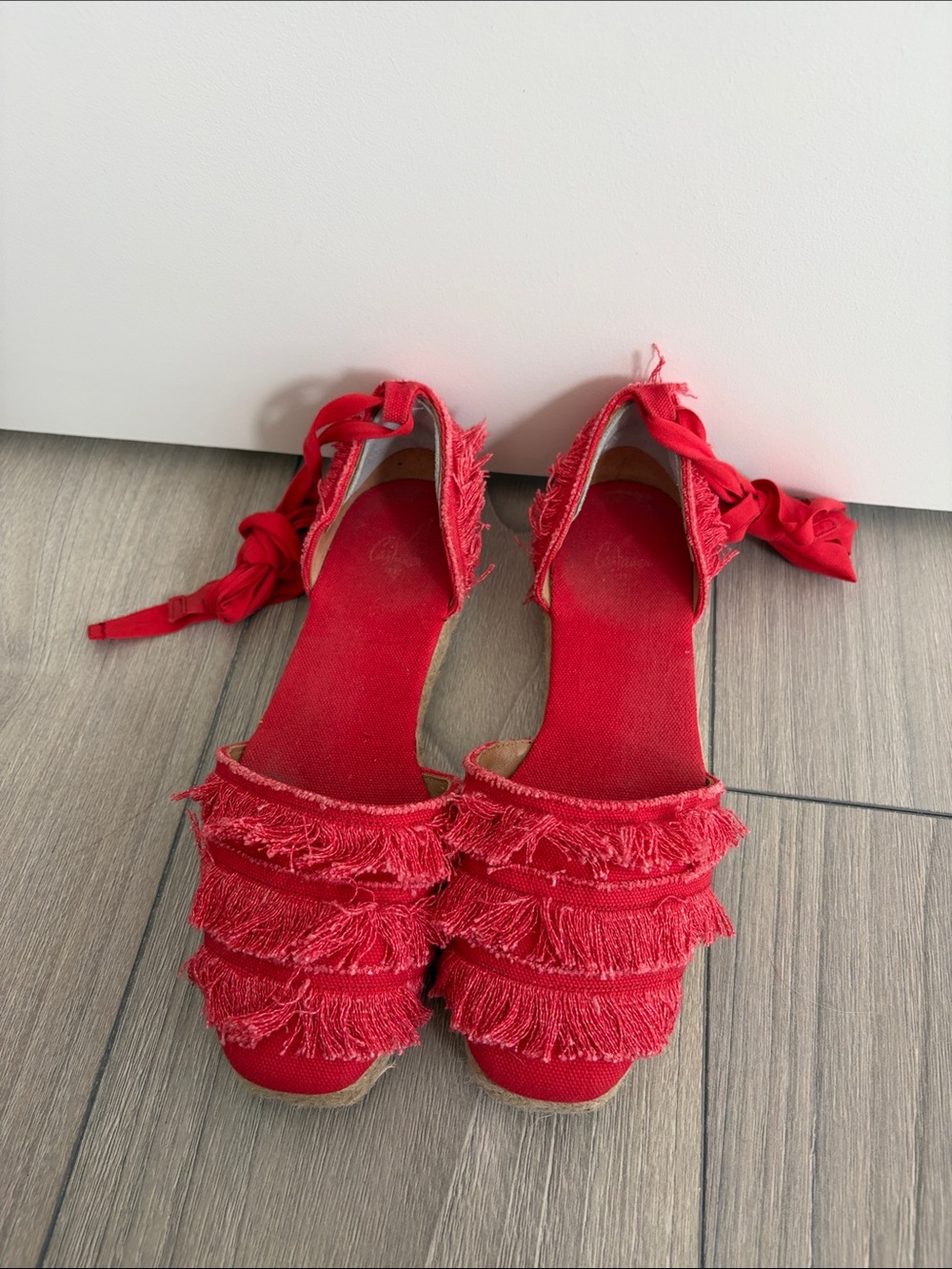 Castañer Cotton Canvas Fringe Flat Espadrilles Red US 7
